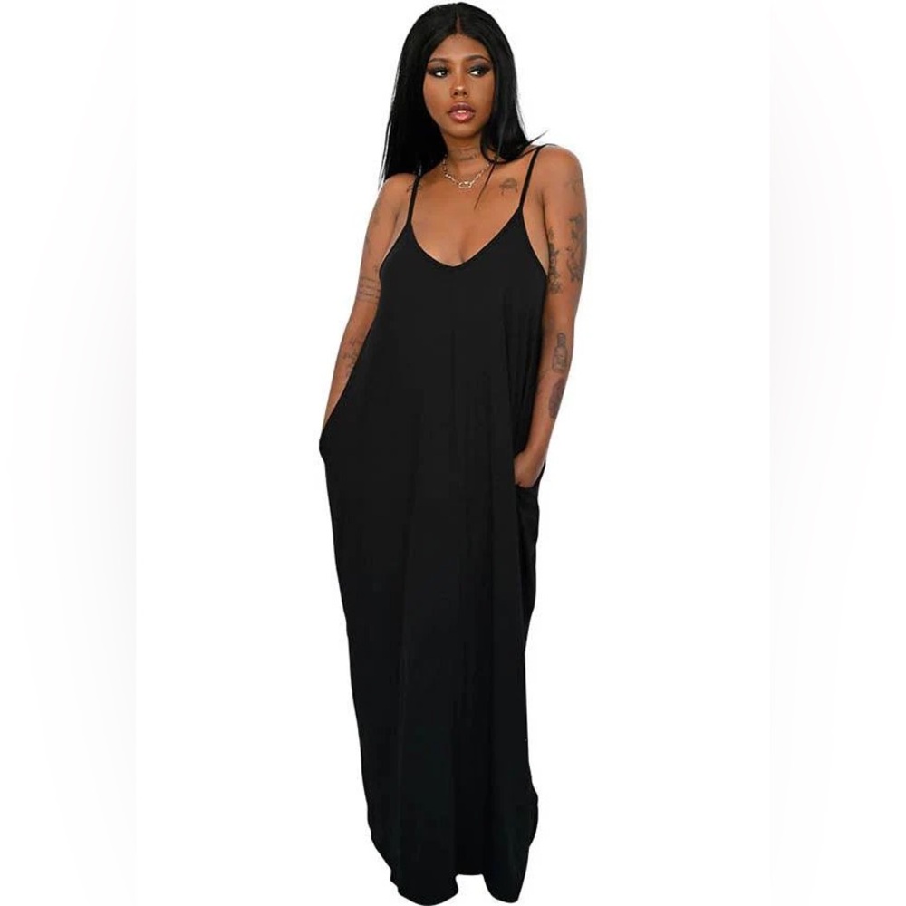 Foxblood black maxi dress with straps and pockets in slinky jersey